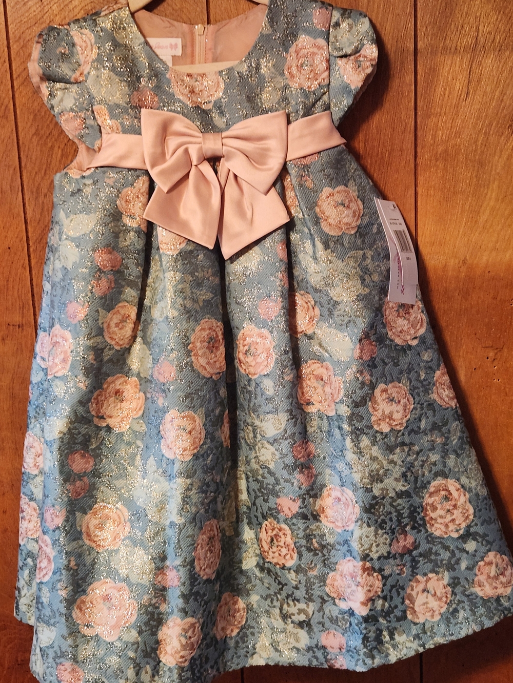 Bonnie Jean Blue/Teal & Peach Floral Jacquard Dress w/Peach Bow, S-4T&6, NWT